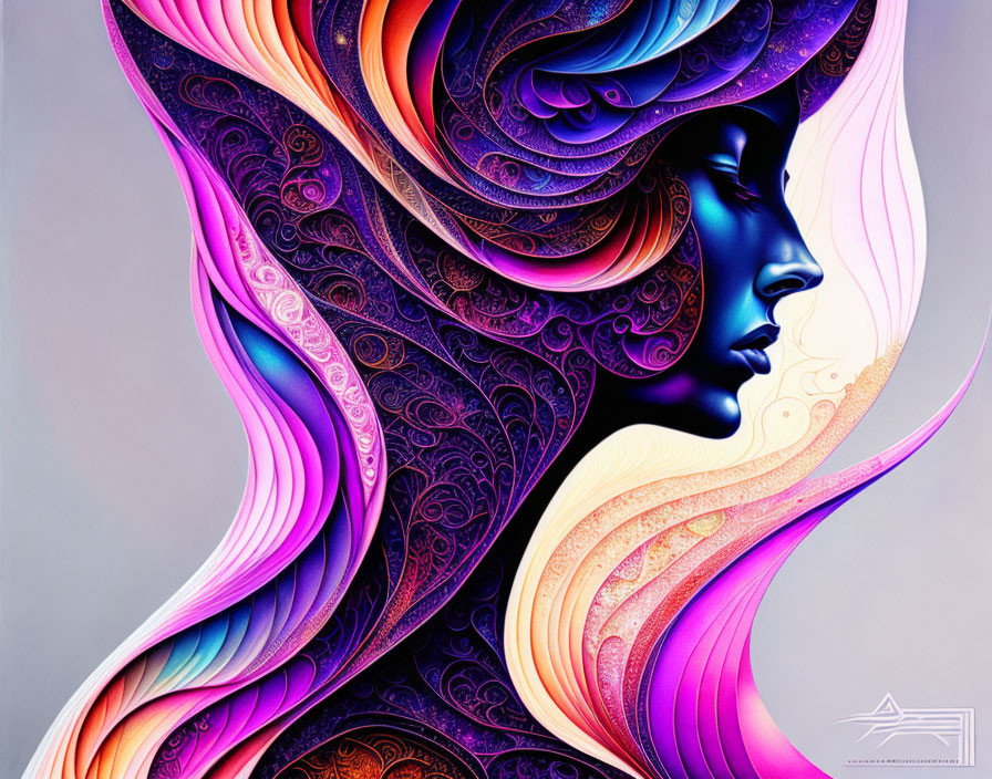Colorful Digital Artwork: Woman's Side Profile with Elaborate Hair Designs