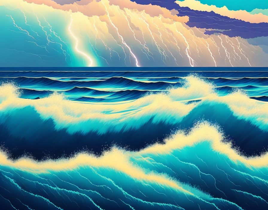 Vibrant seascape with rolling blue waves and dramatic sky with lightning bolts