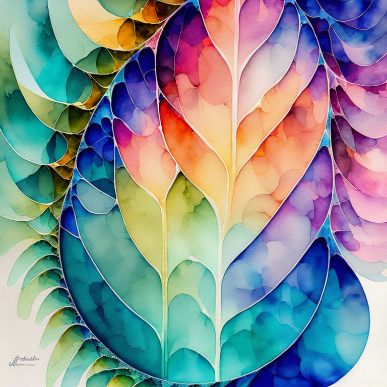 Colorful Watercolor Painting of Leaf with Teardrop Shapes