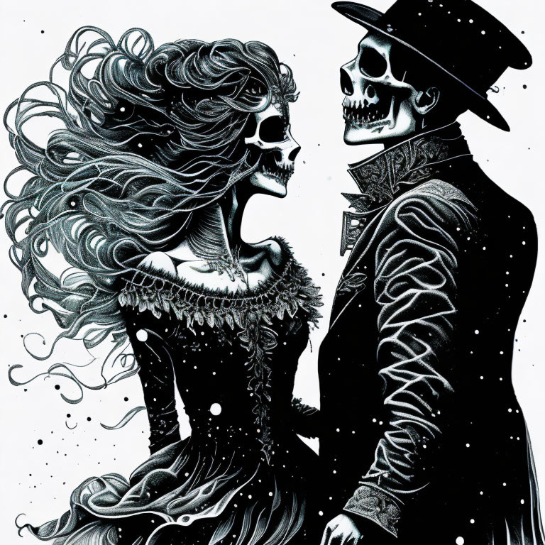 Skeletal Couple Illustration with Flowing Hair and Period Clothing