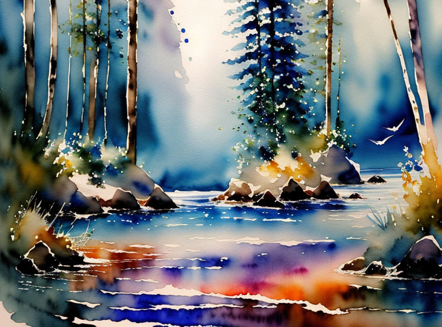 Serene forest scene with tall trees and birds in vibrant watercolor