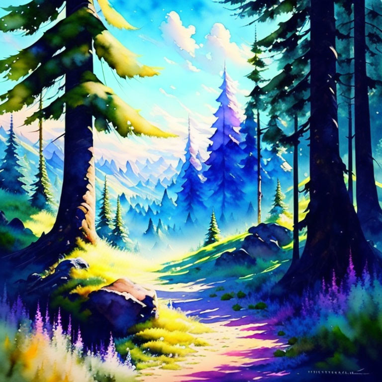 Sunlit forest watercolor painting with blue and purple hues.