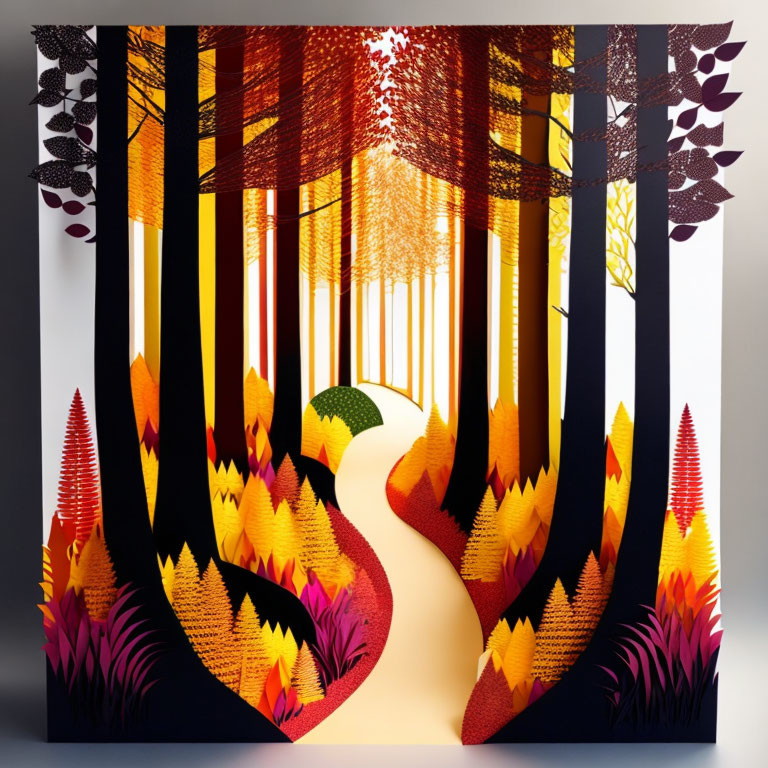 Colorful Paper-Cut Forest Artwork with Autumnal Theme