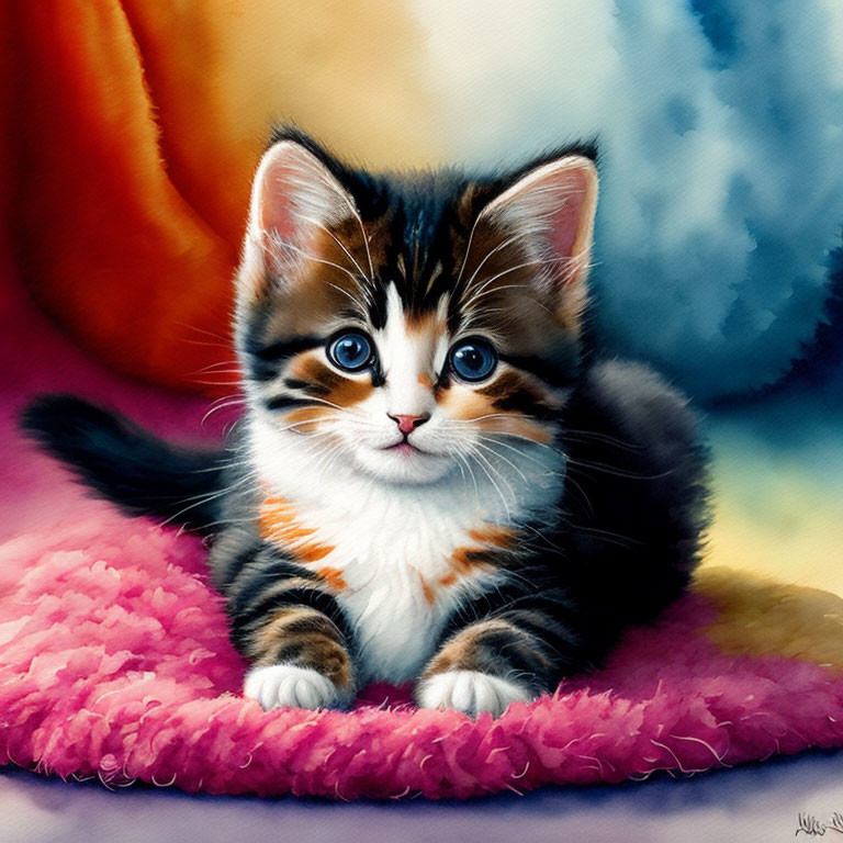 Tricolored kitten with blue eyes on pink cushion in soft orange and blue setting