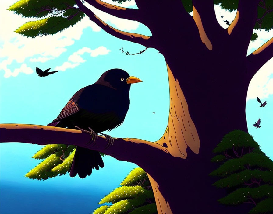 Blackbird perched on lush green branch under vivid blue sky