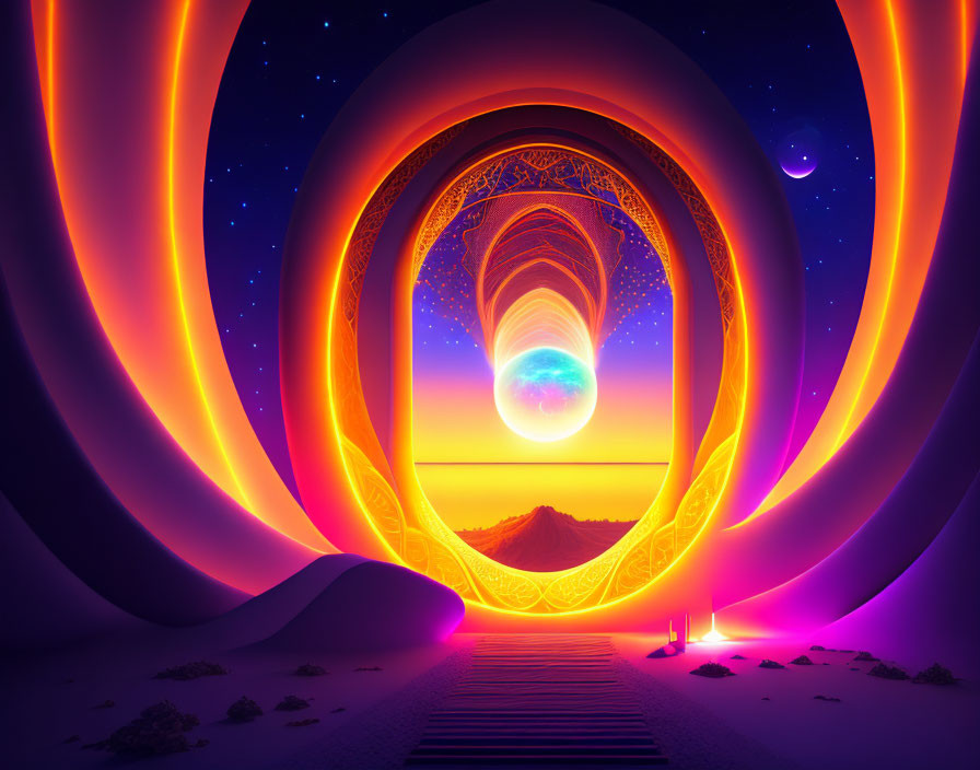 Surreal landscape with glowing spiral arches and cosmic orb in starry twilight sky