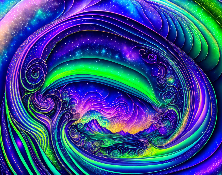 Colorful Fractal Image: Cosmic Wave in Blue, Purple, Green