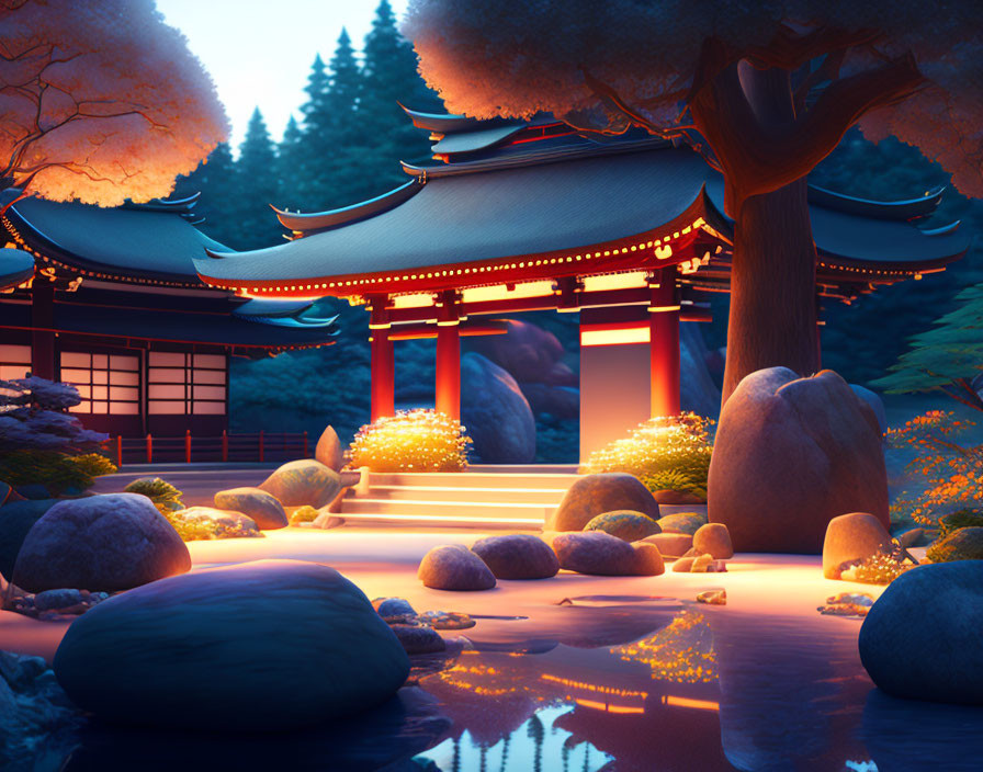 Japanese garden at dusk with illuminated traditional gate, stepping stones, glowing shrubs, and serene water