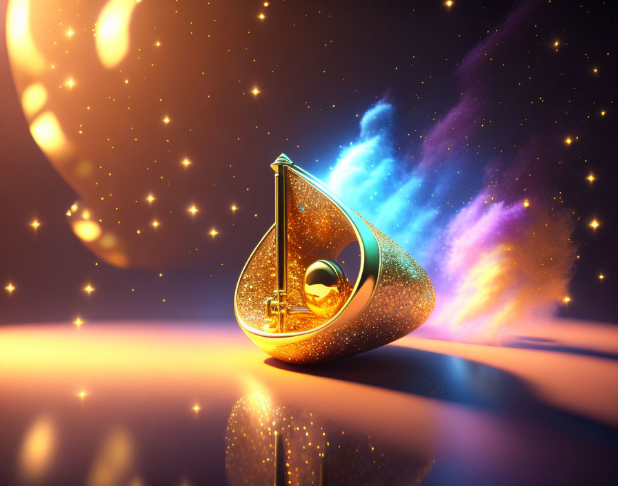 Golden futuristic spaceship in space with stardust trail and planet background
