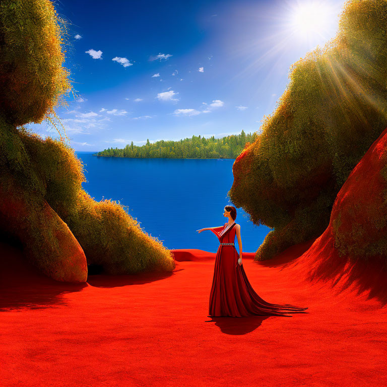 Woman in Red Gown on Vibrant Path Between Green Cliffs Overlooking Blue Lake