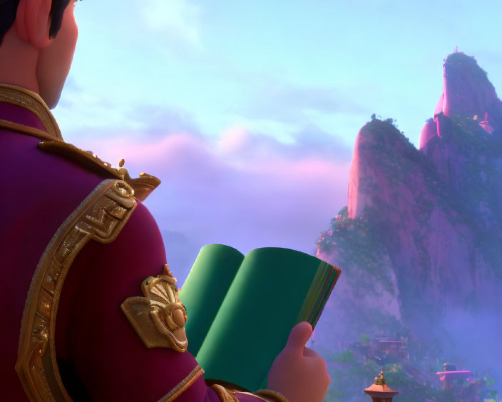 Male character in royal uniform with open book, mountains and pagoda at sunrise