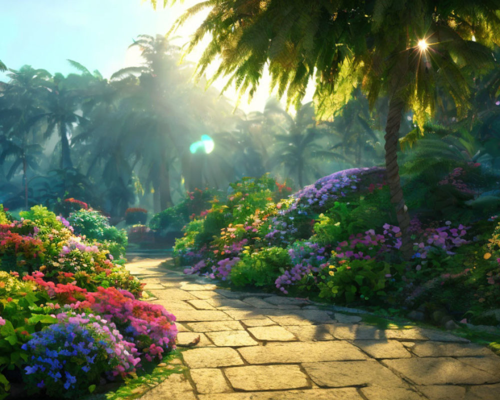 Tranquil garden with stone path, vibrant flowers, and palm trees in sunlight