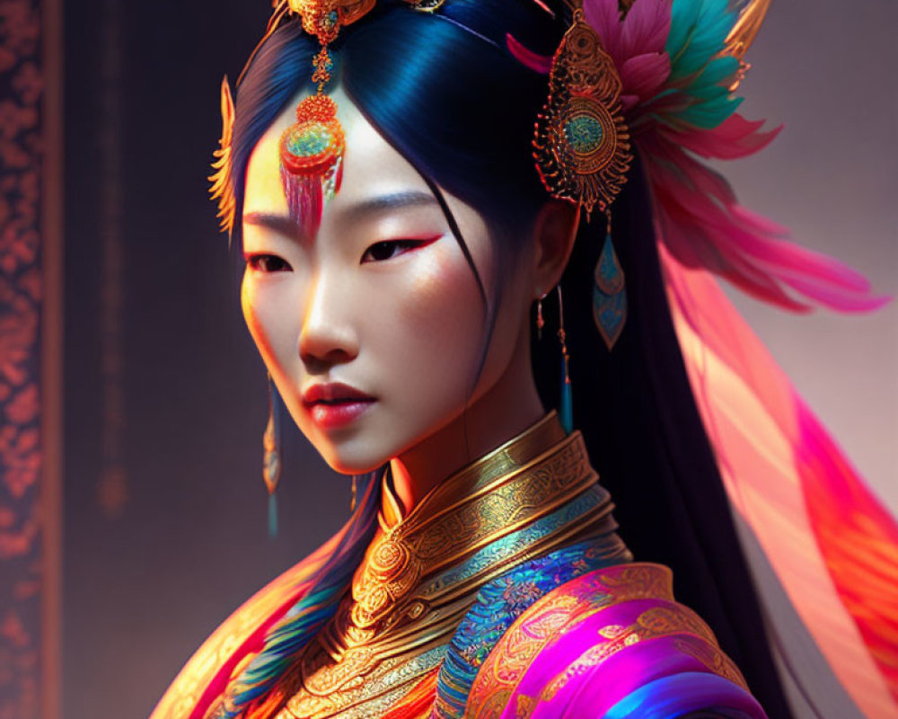 Colorful digital artwork of woman in elaborate traditional Asian attire