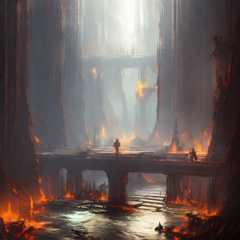 Fiery chasm with bridge, towering pillars, figures in armor, and molten lava.