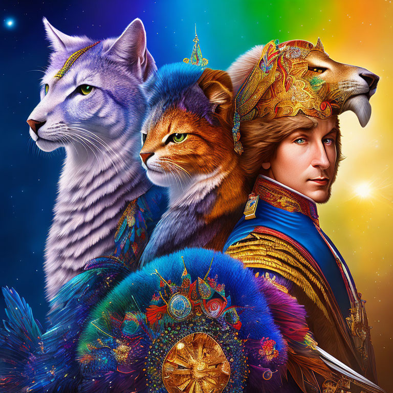 Digital Art: Man and Cats with Regal Accessories in Cosmic Setting