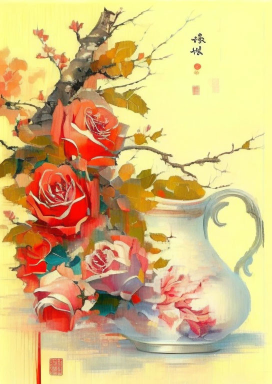 Asian-style painting of vibrant roses in a white vase with autumn leaves and calligraphy