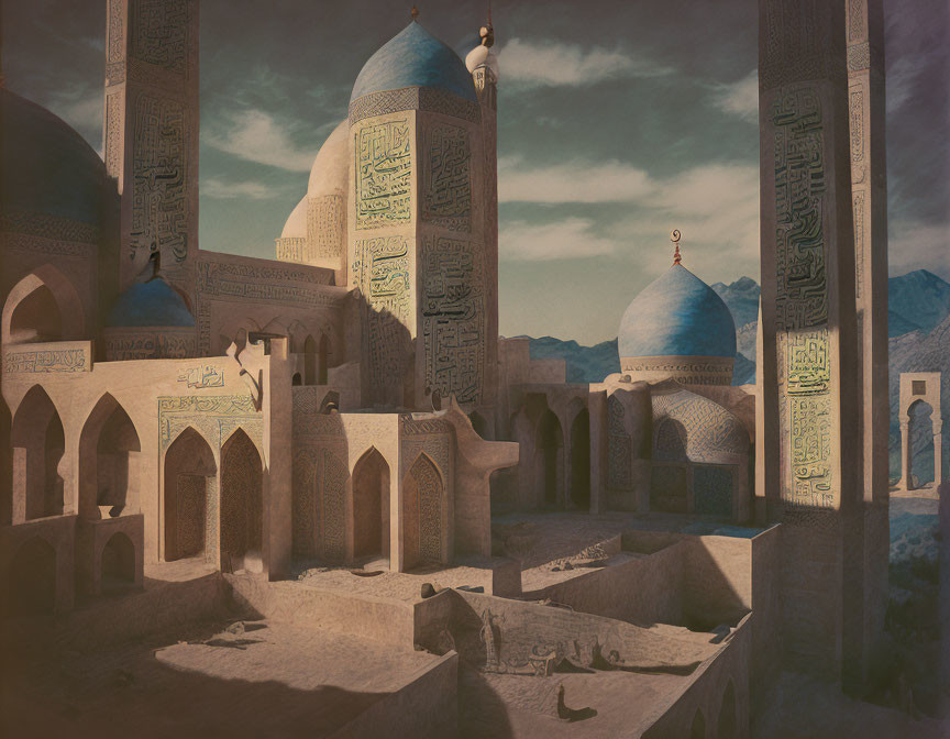 Detailed Middle Eastern townscape at dusk with domes, arches, and Arabic calligraphy.