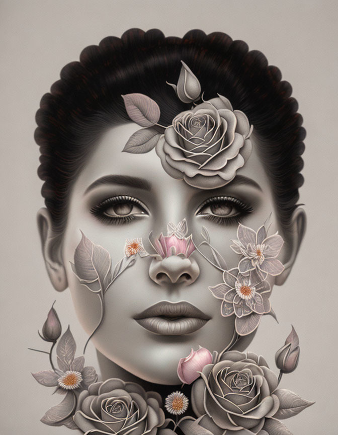 Monochrome portrait of woman's face with floral elements