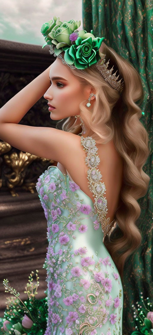 Blonde woman in floral dress with rose crown gazes sideways