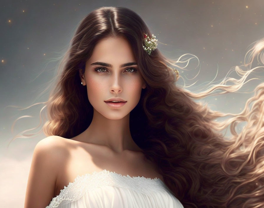 Portrait of a woman with flowing hair and intense eyes, adorned with a delicate flower, against a star