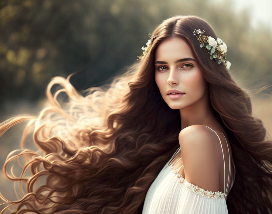 Woman with Long Wavy Hair and Floral Headpiece in Serene Natural Setting