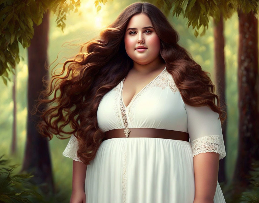 Digital Artwork: Woman with Long Brown Hair in White Dress in Sunlit Forest