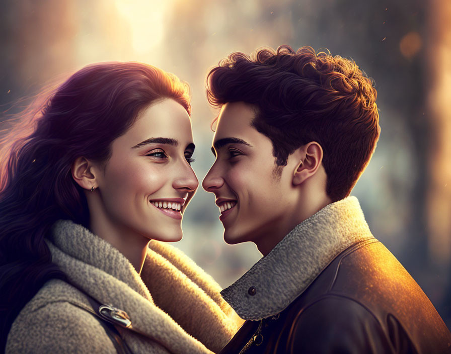 Digital artwork: Young couple smiling affectionately with blurred sunset backdrop