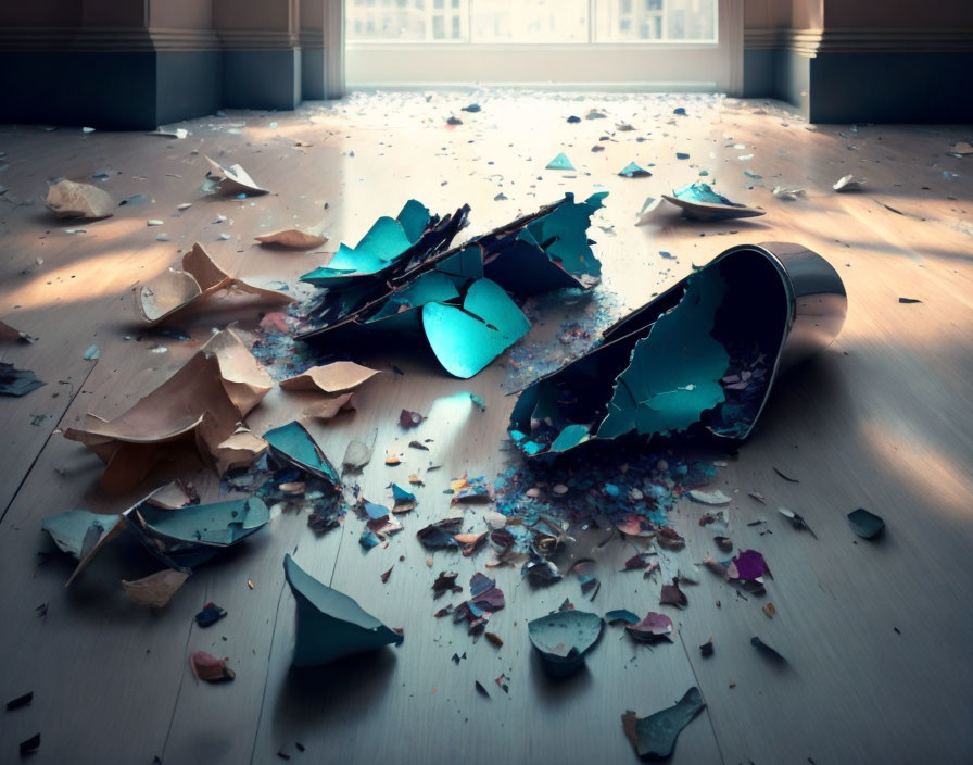 Shattered mirror on wooden floor with scattered fragments and light reflections in dim room
