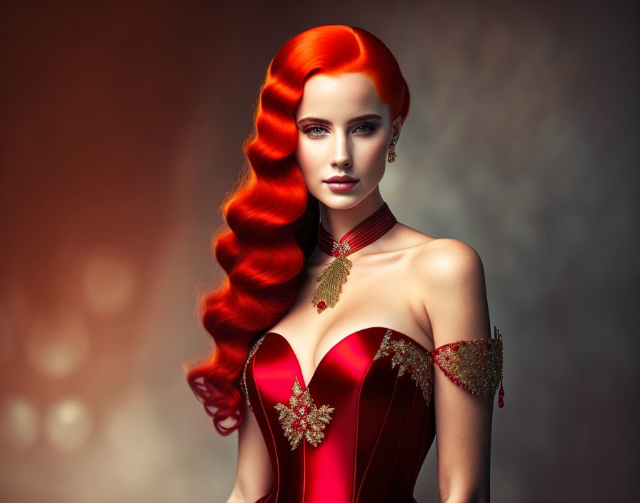 Woman with Red Hair in Strapless Red Dress and Gold Accents