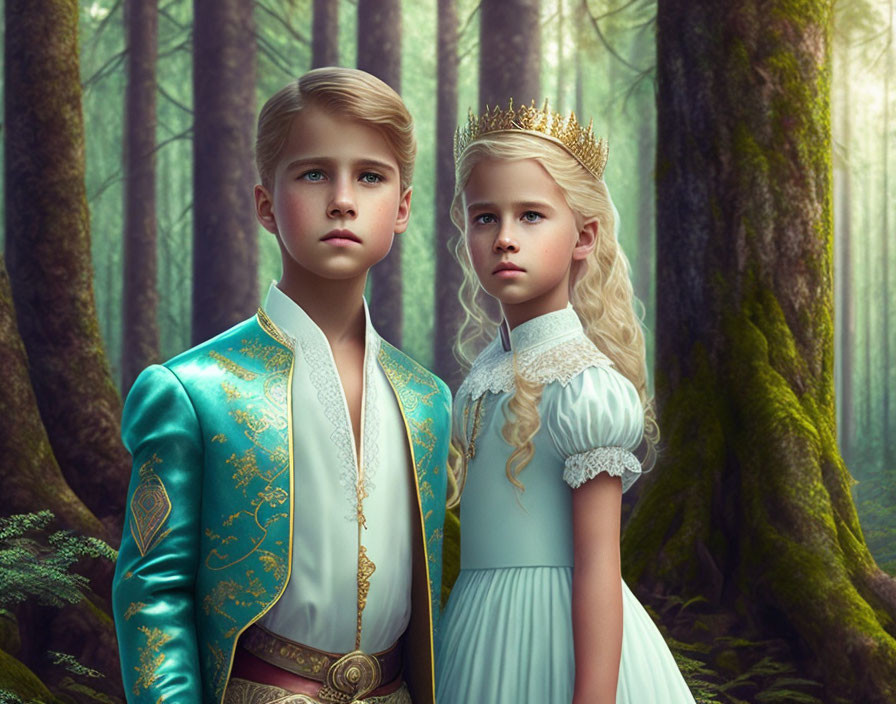 Regal young boy and girl in mystical forest attire