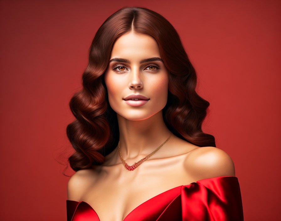 Woman with Wavy Brown Hair in Red Off-Shoulder Dress