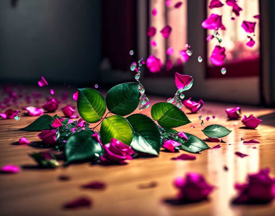 Green leaves, pink rose petals, and suspended droplets on wooden surface