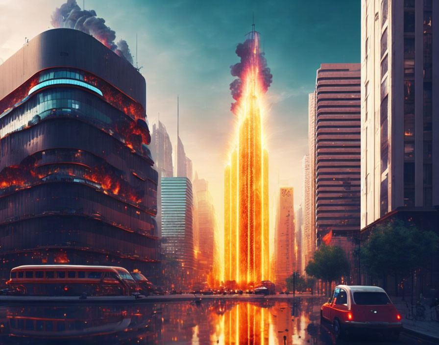 Futuristic cityscape with explosive event and fiery beams in wet streets