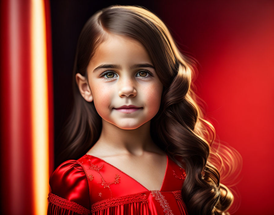 Young girl with curly hair in red dress on blurred red backdrop
