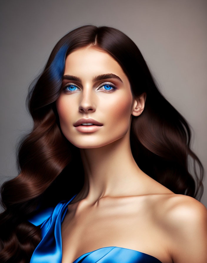 Blue-Eyed Woman in Off-Shoulder Dress with Long Wavy Hair