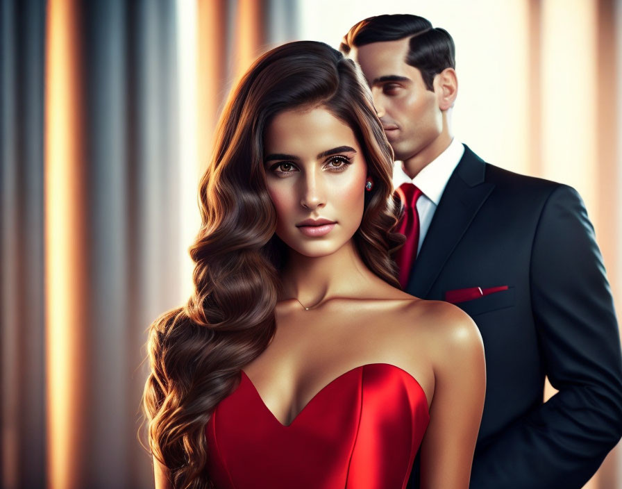 Elegant woman in red dress with man in black suit, both sophisticated
