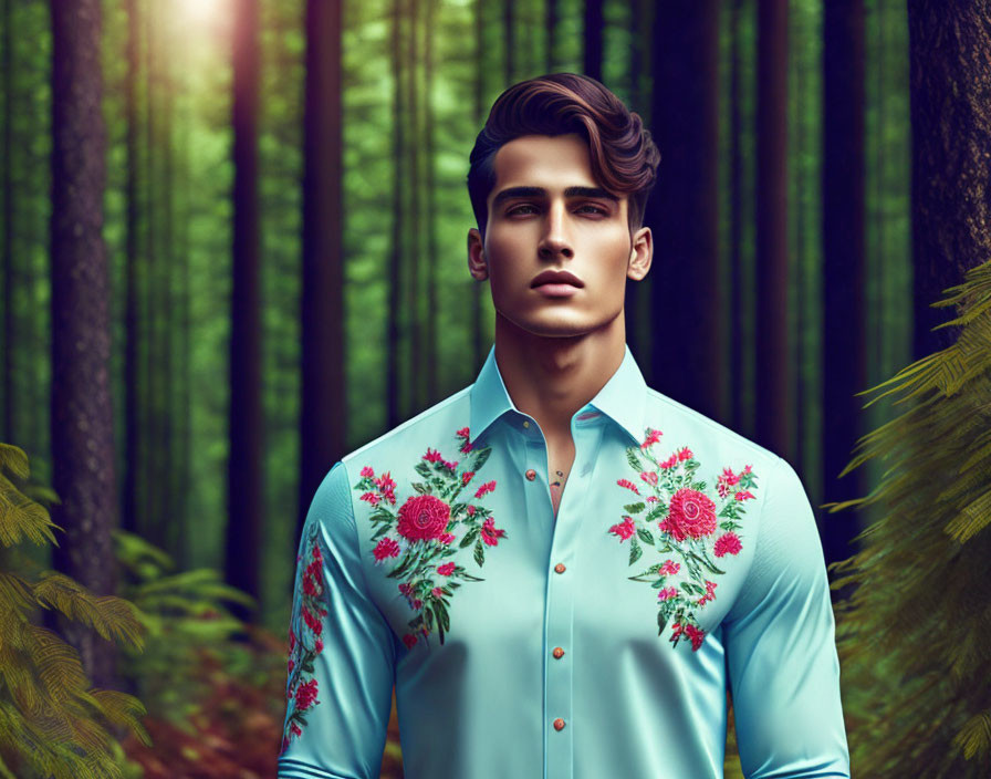 Digitally rendered man in turquoise shirt with pink floral embroidery in serene forest.