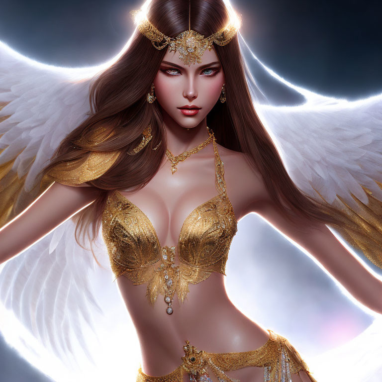 Digital artwork: Mythical woman with white angel wings and gold jewelry in mystical setting