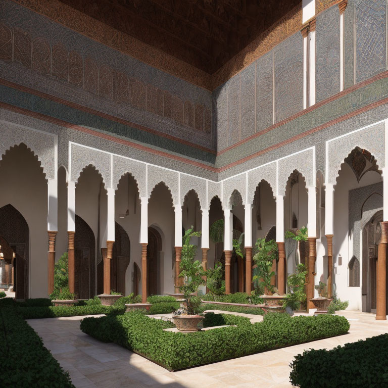 Traditional Moroccan riad courtyard with ornate arches, mosaic tiles, lush garden.