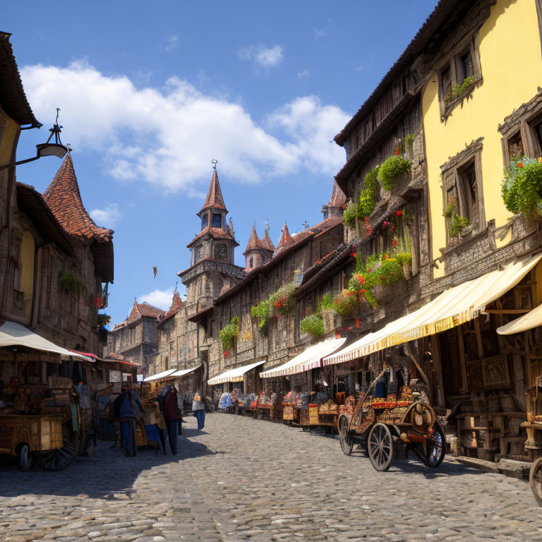 European Town Cobblestone Street with Historical Buildings and Flowering Balconies