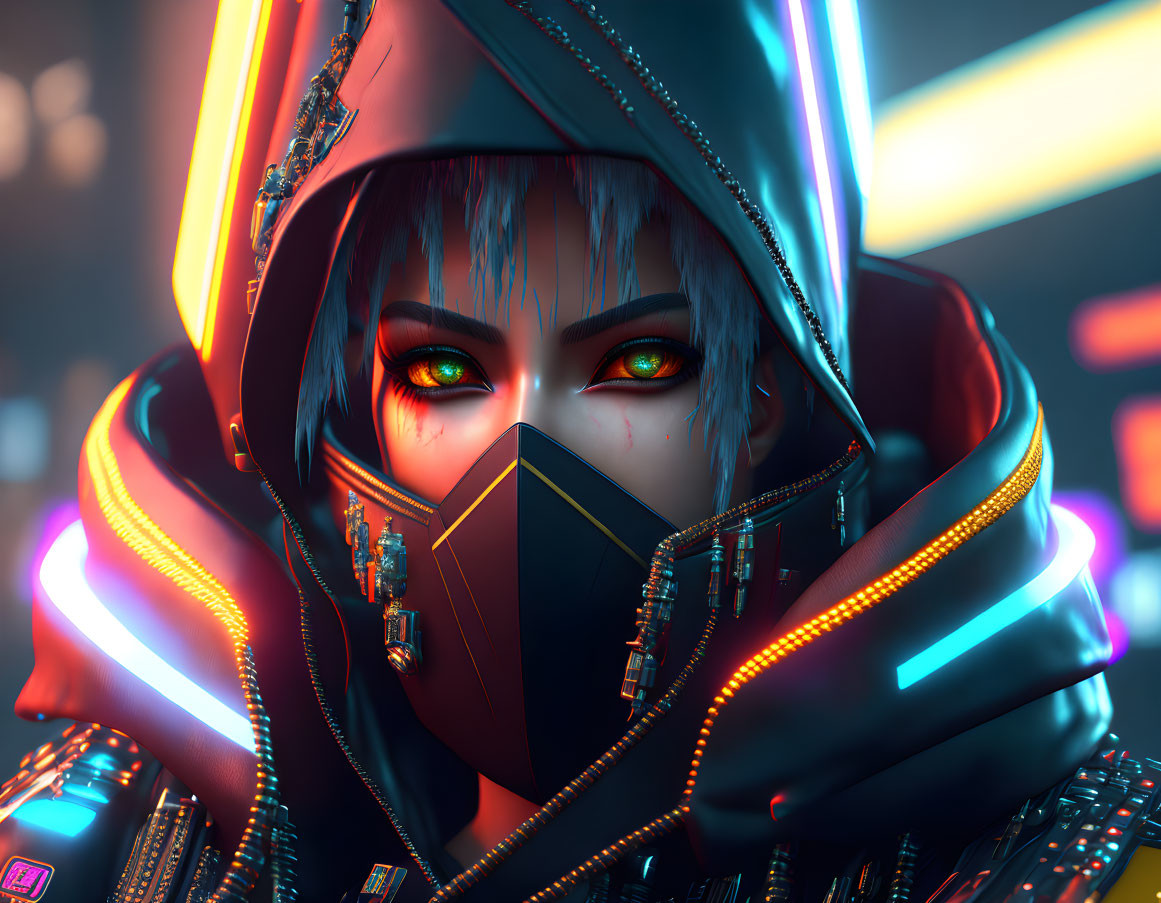 Cyberpunk-style digital art: character with glowing green eyes in futuristic attire against neon backdrop