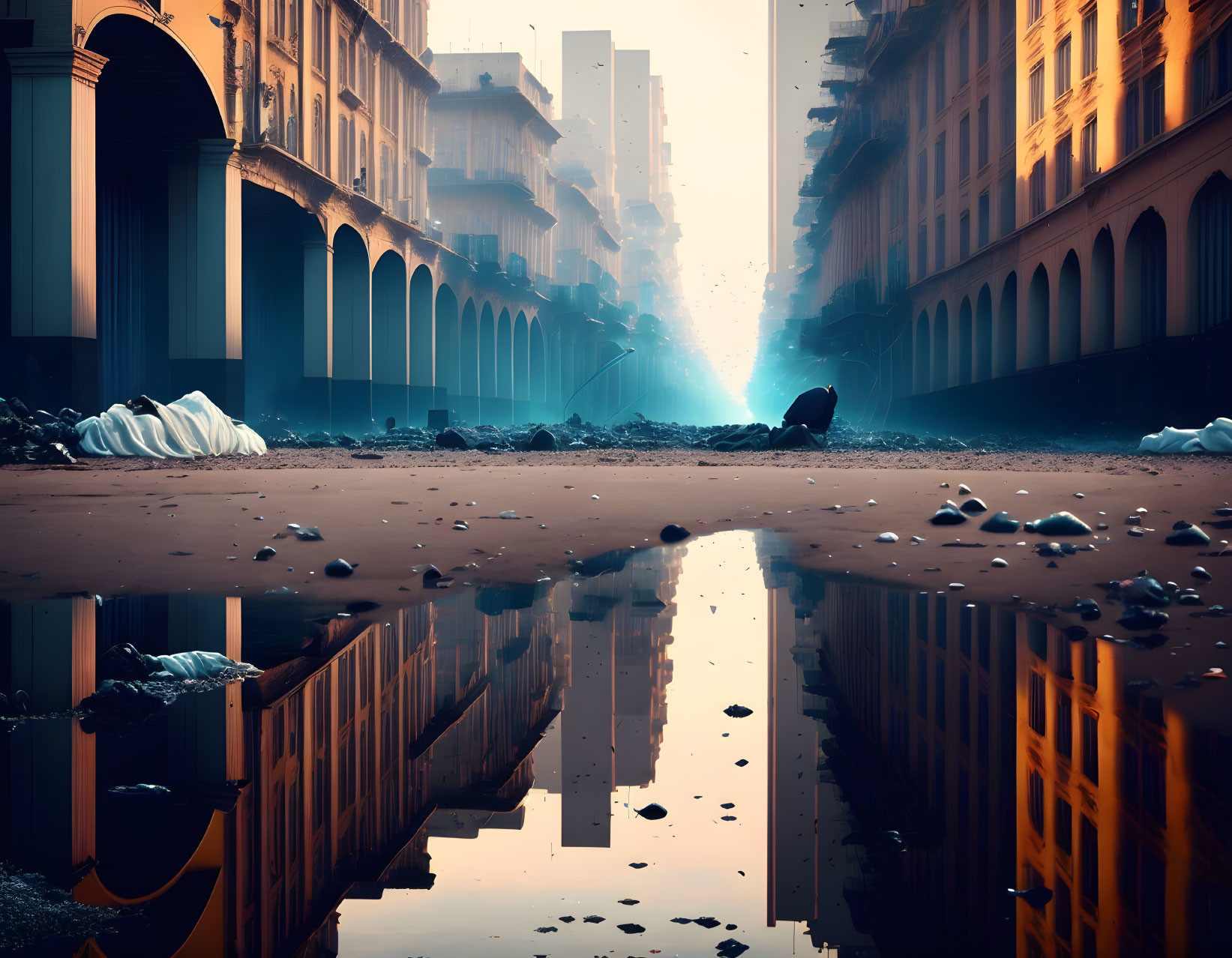Derelict post-apocalyptic street scene with reflective puddle under orange-tinted sky
