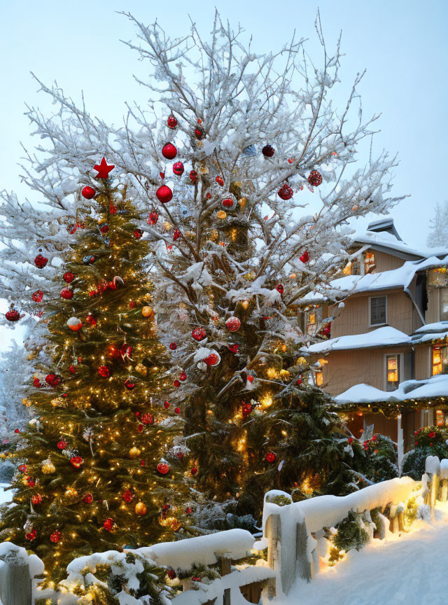 Snow-covered Christmas tree with red ornaments and lights near a festive home.