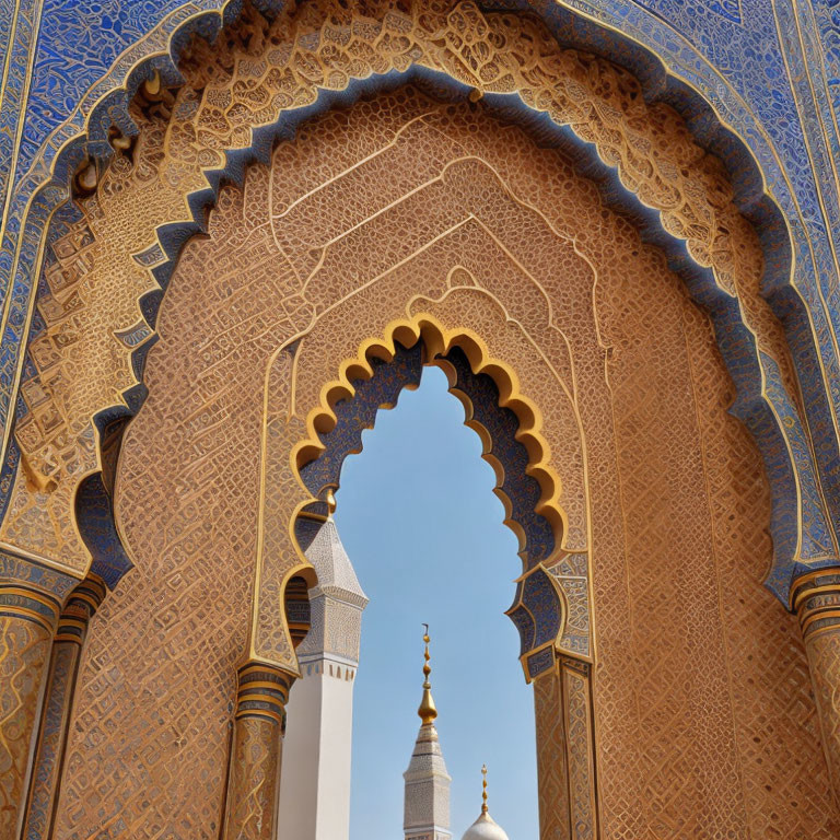 Intricate Islamic patterns frame a minaret and dome in arched doorway view