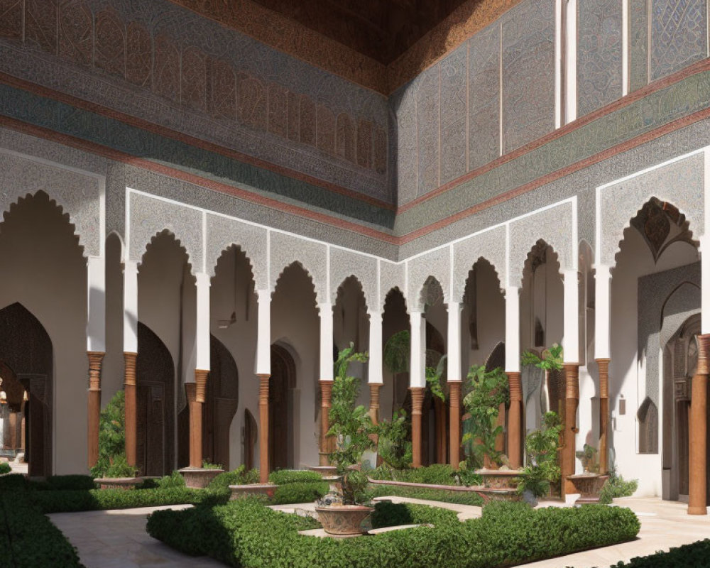 Traditional Moroccan riad courtyard with ornate arches, mosaic tiles, lush garden.