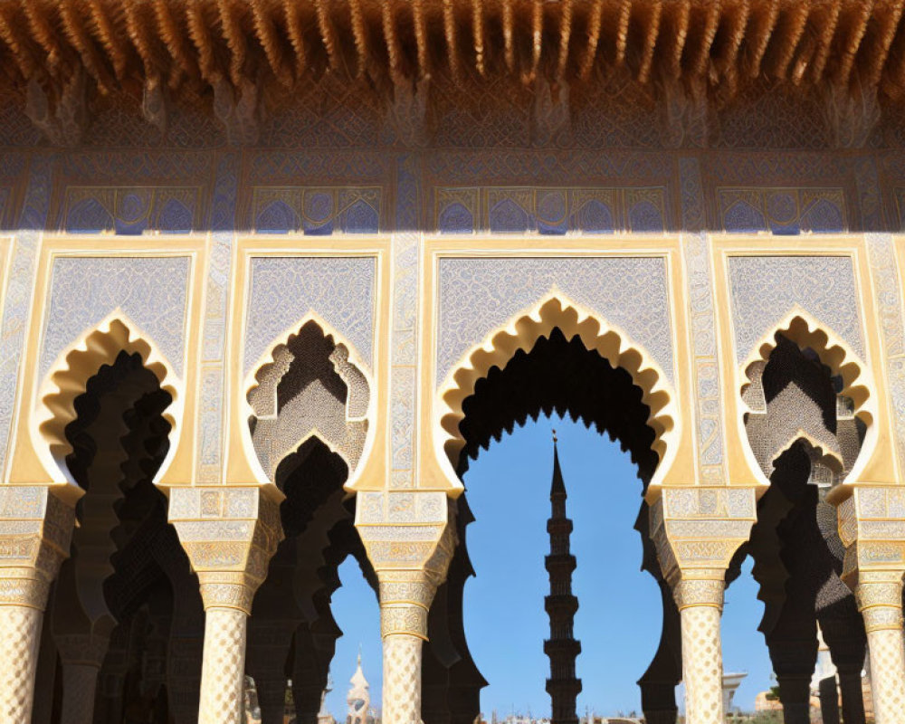 Intricately decorated Moorish arches frame distant minaret under clear blue sky