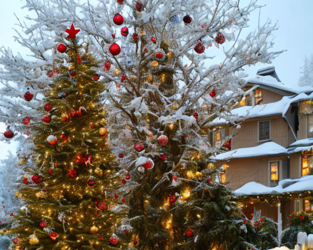 Snow-covered Christmas tree with red ornaments and lights near a festive home.