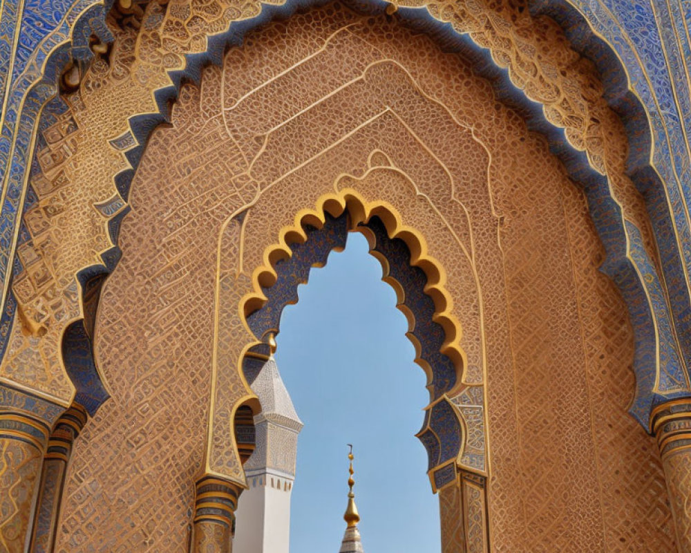 Intricate Islamic patterns frame a minaret and dome in arched doorway view