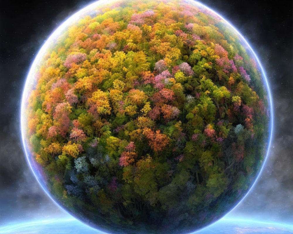 Multicolored Autumnal Forests on Spherical Planet in Space