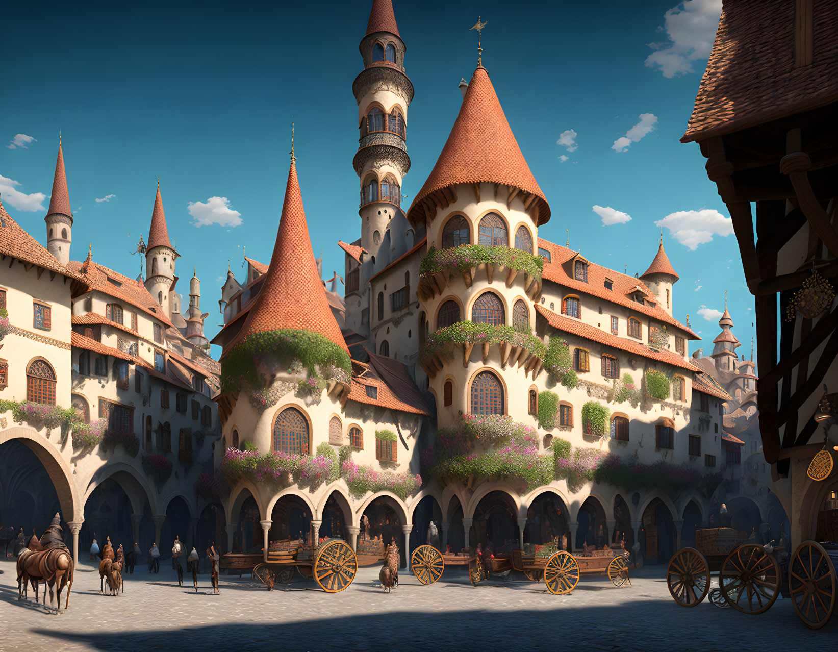 Medieval Fantasy Town with Cobblestone Streets and Towering Castle
